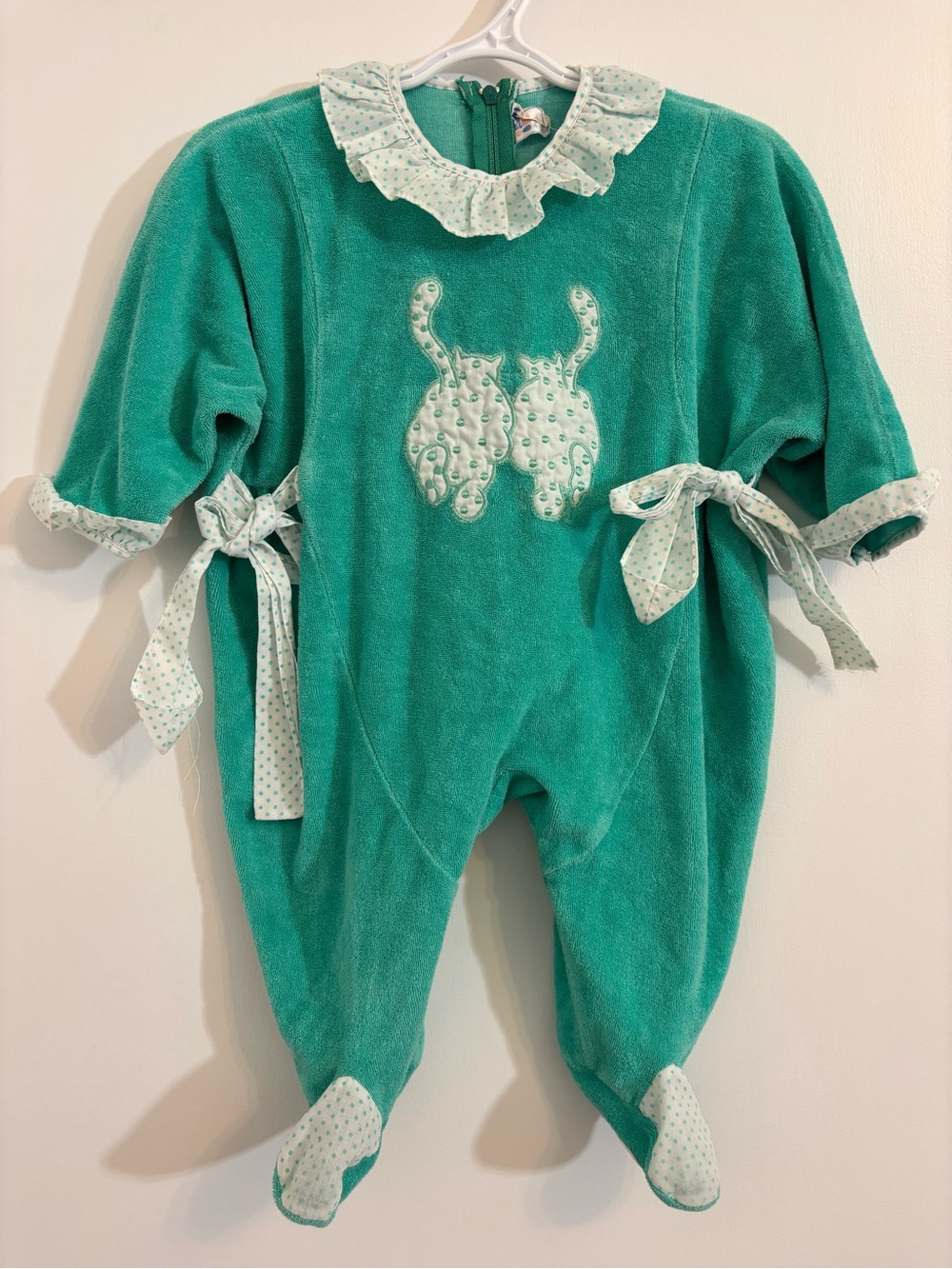 Vintage Baby Peng Teal Cat Polka Dot Terry Cloth Bubble Onesie Sleeper Romper